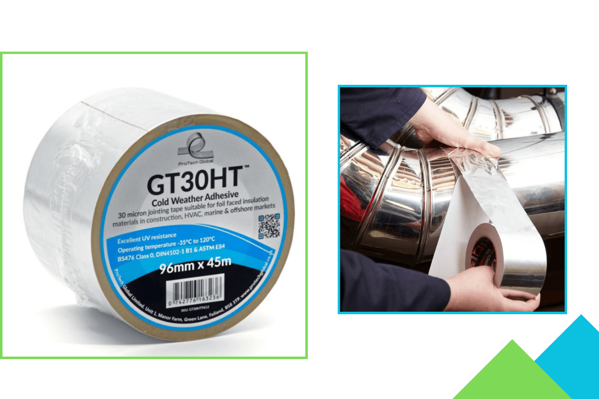 ProTech GT30HT HI-TACK Foil Tape roll against a background of insulated piping, showcasing the product&amp;amp;#039;s application in enhancing insulation efficiency.